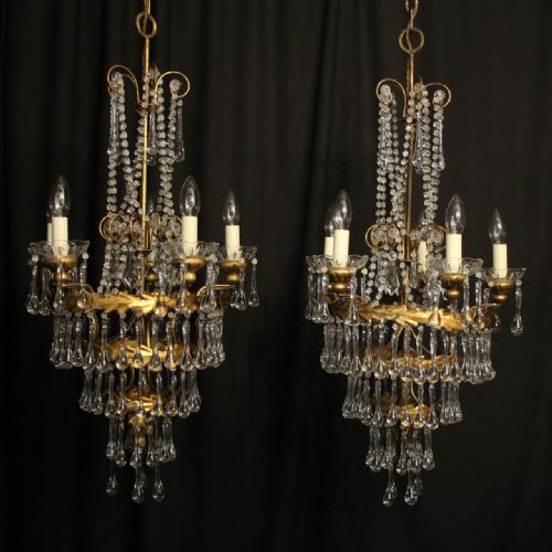 Italian Florentine Pair of 5 Light Chandeliers