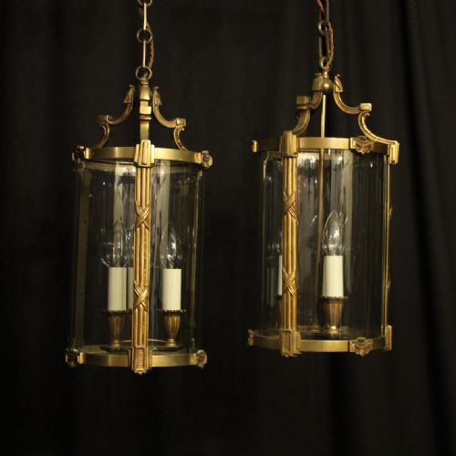 French Pair of Gilded Bronze Convex Antique Hall Lanterns