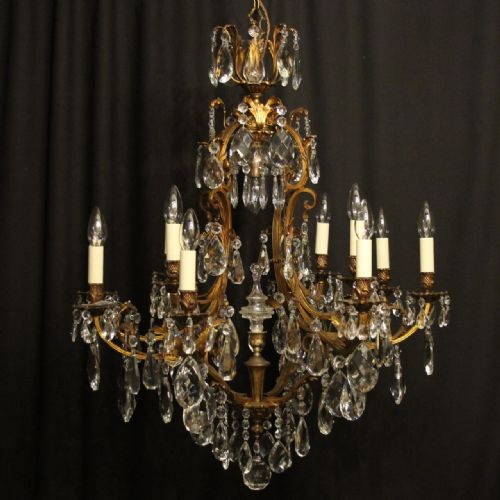 French Gilded Bronze & Crystal 13 Light Birdcage Antique Chandelier