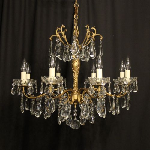Italian Gilded Brass & Crystal 8 Light Antique Chandelier