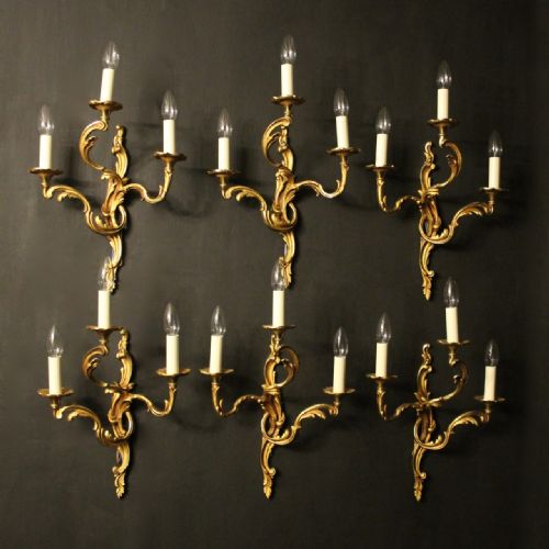 French Set of 6 Gilded Bronze Triple Antique Wall Lights