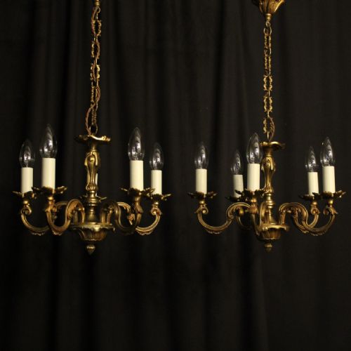 French Pair of Gilded 5 Light Antique Chandeliers