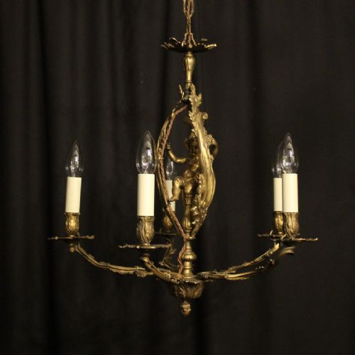 french gilded cherub 5 light antique chandelier - CATEGORY: ANTIQUE LIGHTING - DATED 1930