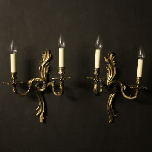 French Pair of Gilded Twin Arm Antique Wall Lights