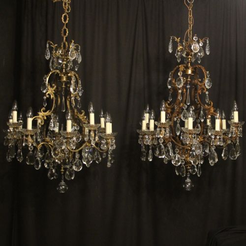 French Pair Gilded Bronze & Crystal 12 Light Antique Chandeliers