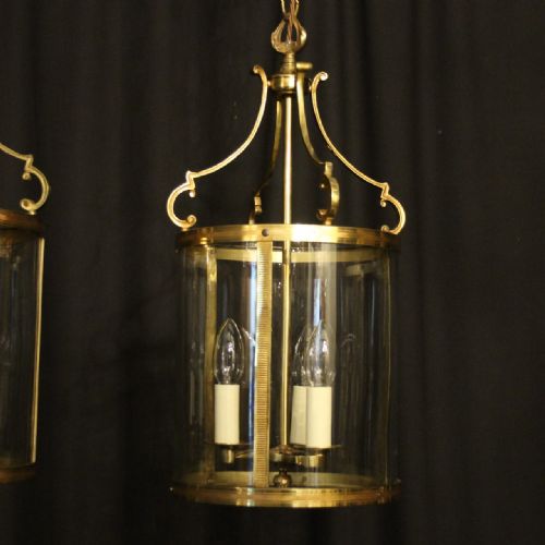 FRENCH PAIR CONVEX TRIPLE LIGHT ANTIQUE HALL LANTERNS - ADDITIONAL PHOTO 1