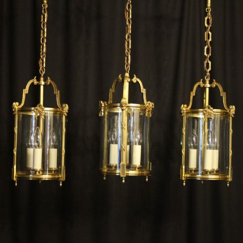 french set of 3 gilded bronze hall lanterns - CATEGORY: ANTIQUE LIGHTING - DATED 1930