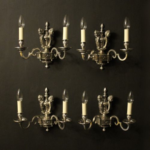 English Set of 4 Cherub Silver Antique Wall Lights