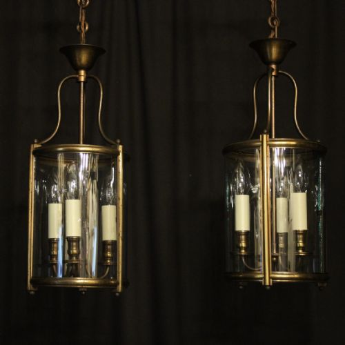 french pair brass convex triple light lanterns - CATEGORY: ANTIQUE LIGHTING - DATED 1930