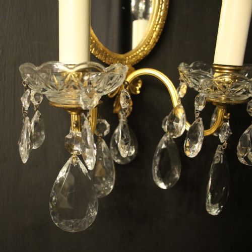 FRENCH PAIR OF GILDED BRONZE CRYSTAL TWIN ARM ANTIQUE GIRANDOLES - ADDITIONAL PHOTO 5