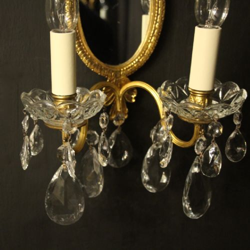 FRENCH PAIR OF GILDED BRONZE CRYSTAL TWIN ARM ANTIQUE GIRANDOLES - ADDITIONAL PHOTO 6
