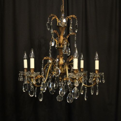 italian gilded bronze crystal 6 light antique chandelier - CATEGORY: ANTIQUE LIGHTING - DATED 1920