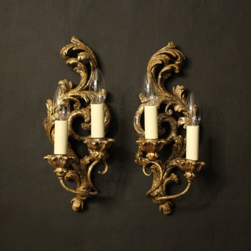 florentine small silver gilt pair of twin arm wall lights - CATEGORY: ANTIQUE LIGHTING - DATED 1930