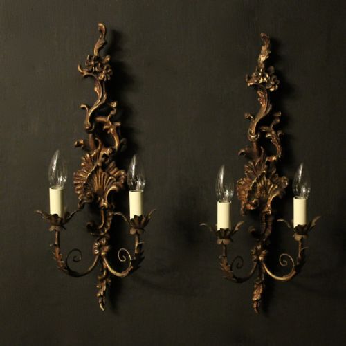Florentine Giltwood Pair of Twin Arm Antique Wall Lights