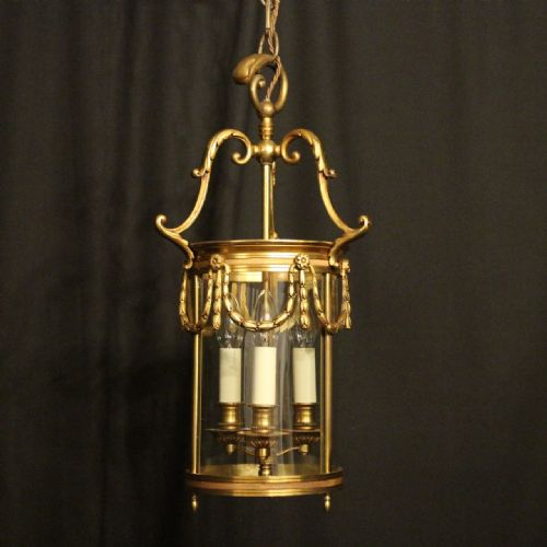 french gilded bronze tripel light antique hall lantern - CATEGORY: ANTIQUE LIGHTING - DATED 1900