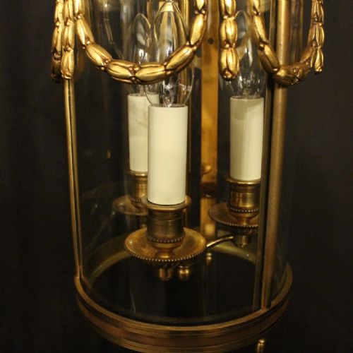 FRENCH GILDED BRONZE TRIPEL LIGHT ANTIQUE HALL LANTERN - ADDITIONAL PHOTO 5