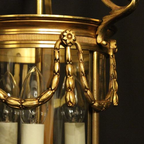 FRENCH GILDED BRONZE TRIPEL LIGHT ANTIQUE HALL LANTERN - ADDITIONAL PHOTO 6