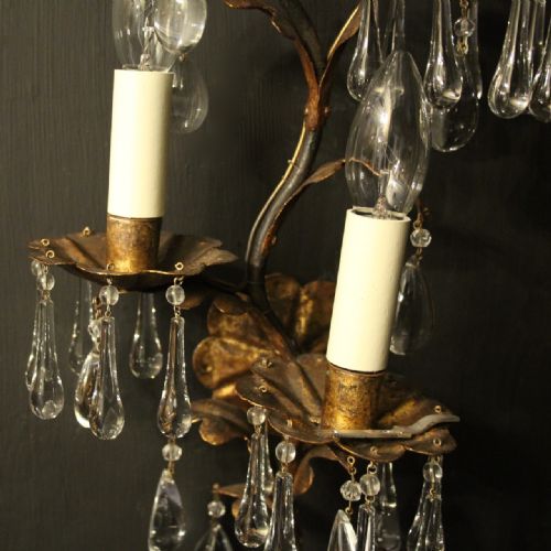 FLORENTINE PAIR OF TRIPLE LIGHT TOLEWARE ANTIQUE WALL SCONCES - ADDITIONAL PHOTO 1