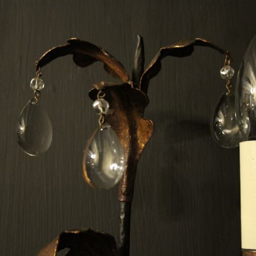FLORENTINE PAIR OF TRIPLE LIGHT TOLEWARE ANTIQUE WALL SCONCES - ADDITIONAL PHOTO 3