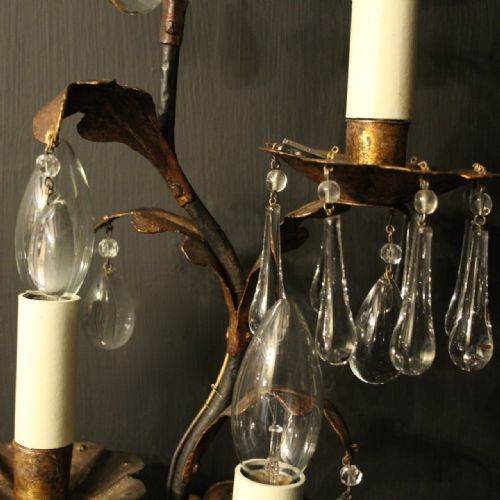 FLORENTINE PAIR OF TRIPLE LIGHT TOLEWARE ANTIQUE WALL SCONCES - ADDITIONAL PHOTO 4