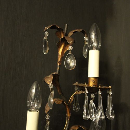 FLORENTINE PAIR OF TRIPLE LIGHT TOLEWARE ANTIQUE WALL SCONCES - ADDITIONAL PHOTO 5