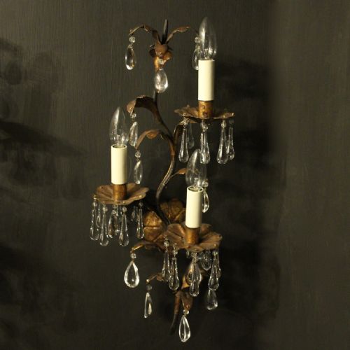 FLORENTINE PAIR OF TRIPLE LIGHT TOLEWARE ANTIQUE WALL SCONCES - ADDITIONAL PHOTO 6