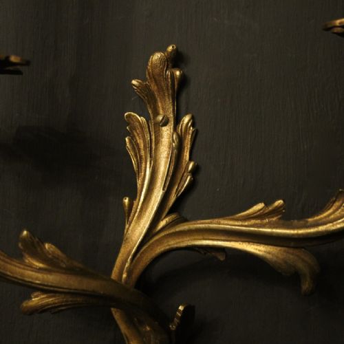 FRENCH PAIR OF GILDED TWIN ARM ANTIQUE WALL SCONCES - ADDITIONAL PHOTO 2