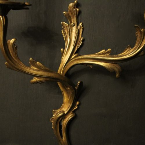 FRENCH PAIR OF GILDED TWIN ARM ANTIQUE WALL SCONCES - ADDITIONAL PHOTO 3