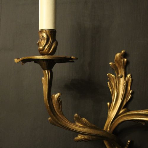 FRENCH PAIR OF GILDED TWIN ARM ANTIQUE WALL SCONCES - ADDITIONAL PHOTO 4