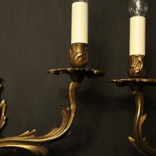 FRENCH PAIR OF GILDED TWIN ARM ANTIQUE WALL SCONCES - ADDITIONAL PHOTO 6