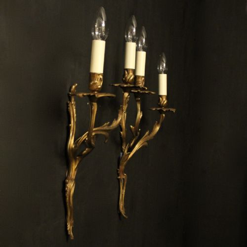 FRENCH PAIR OF GILDED TWIN ARM ANTIQUE WALL SCONCES - ADDITIONAL PHOTO 9