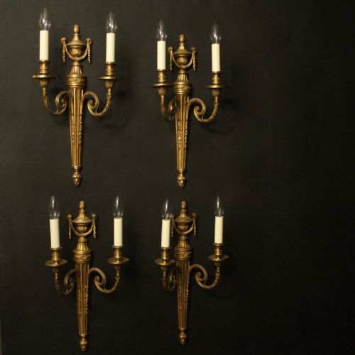 french set of 4 gilded brass twin arm antique wall sconces - CATEGORY: ANTIQUE LIGHTING - DATED 1900