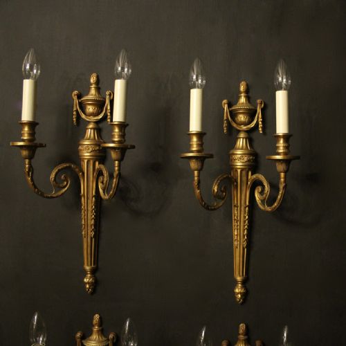 FRENCH SET OF 4 GILDED BRASS TWIN ARM ANTIQUE WALL SCONCES - ADDITIONAL PHOTO 1