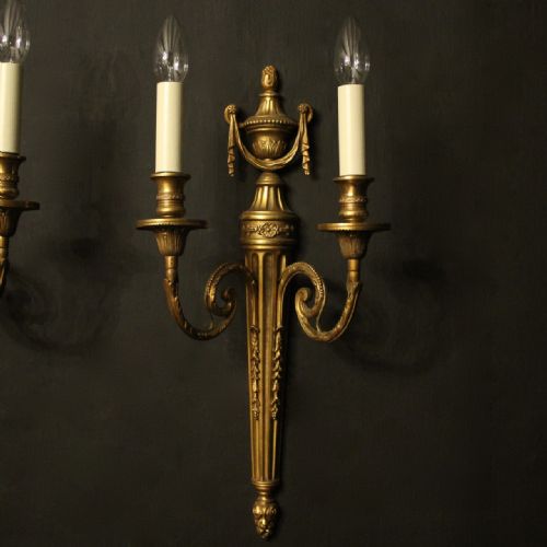 FRENCH SET OF 4 GILDED BRASS TWIN ARM ANTIQUE WALL SCONCES - ADDITIONAL PHOTO 2