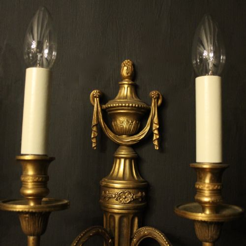 FRENCH SET OF 4 GILDED BRASS TWIN ARM ANTIQUE WALL SCONCES - ADDITIONAL PHOTO 3