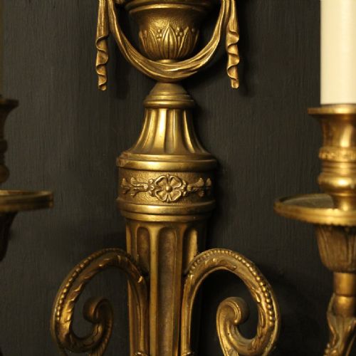 FRENCH SET OF 4 GILDED BRASS TWIN ARM ANTIQUE WALL SCONCES - ADDITIONAL PHOTO 5
