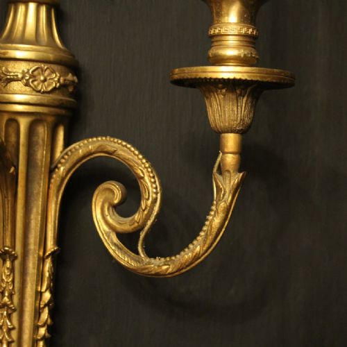 FRENCH SET OF 4 GILDED BRASS TWIN ARM ANTIQUE WALL SCONCES - ADDITIONAL PHOTO 6