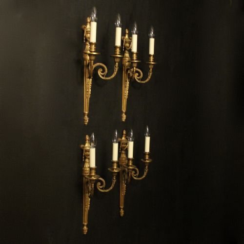 FRENCH SET OF 4 GILDED BRASS TWIN ARM ANTIQUE WALL SCONCES - ADDITIONAL PHOTO 9