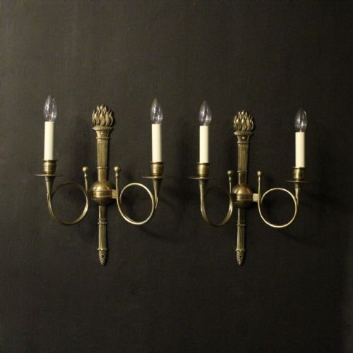 French Pair of Brass Twin Arm Antique Wall Sconces