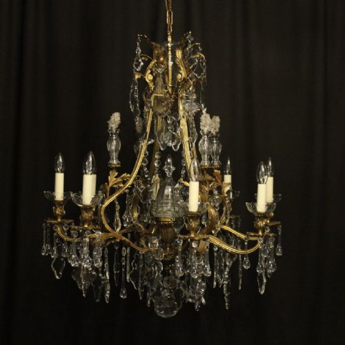 french gilded bronze crystal 9 light antique chandelier - CATEGORY: ANTIQUE LIGHTING - DATED 1920