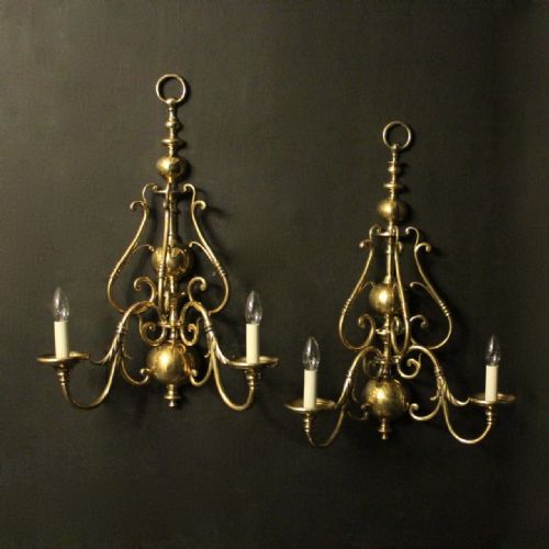english pair of brass twin arm antique wall lights - CATEGORY: ANTIQUE LIGHTING - DATED 1920