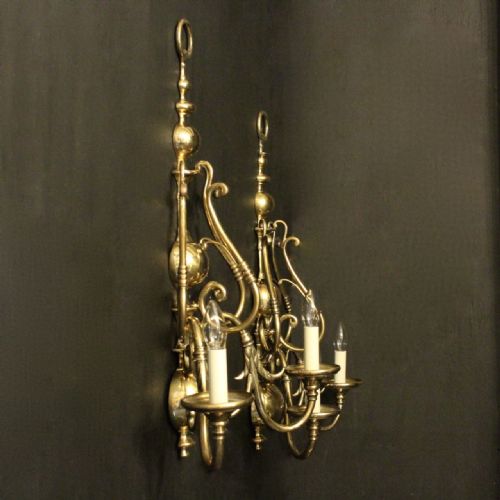 ENGLISH PAIR OF BRASS TWIN ARM ANTIQUE WALL LIGHTS - ADDITIONAL PHOTO 9
