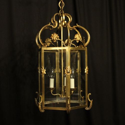 french gilded bronze triple light antique hall lantern - CATEGORY: ANTIQUE LIGHTING - DATED 1920