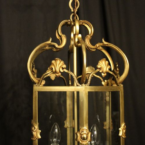 FRENCH GILDED BRONZE TRIPLE LIGHT ANTIQUE HALL LANTERN - ADDITIONAL PHOTO 1