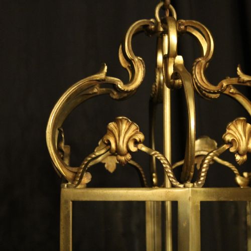 FRENCH GILDED BRONZE TRIPLE LIGHT ANTIQUE HALL LANTERN - ADDITIONAL PHOTO 2