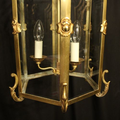 FRENCH GILDED BRONZE TRIPLE LIGHT ANTIQUE HALL LANTERN - ADDITIONAL PHOTO 6