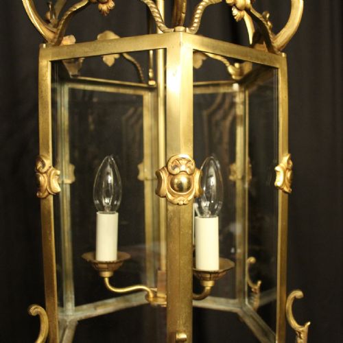 FRENCH GILDED BRONZE TRIPLE LIGHT ANTIQUE HALL LANTERN - ADDITIONAL PHOTO 7