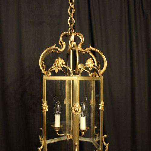 FRENCH GILDED BRONZE TRIPLE LIGHT ANTIQUE HALL LANTERN - ADDITIONAL PHOTO 8