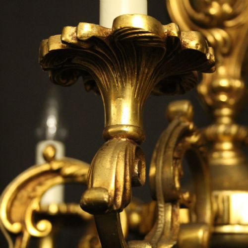 FRENCH GILDED BRONZE 6 LIGHT ANTIQUE CHANDELIER - ADDITIONAL PHOTO 5