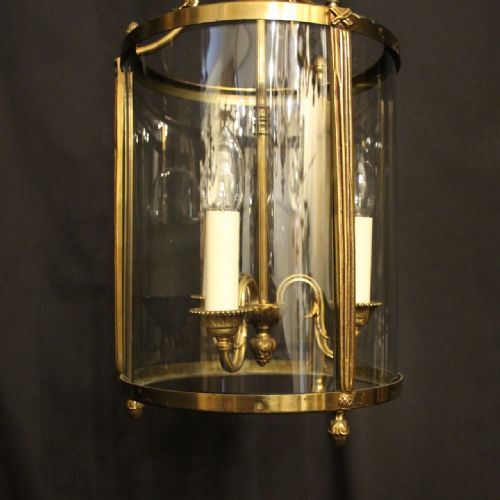 FRENCH GILDED TRIPLE LIGHT CONVEX ANTIQUE HALL LANTERN - ADDITIONAL PHOTO 3